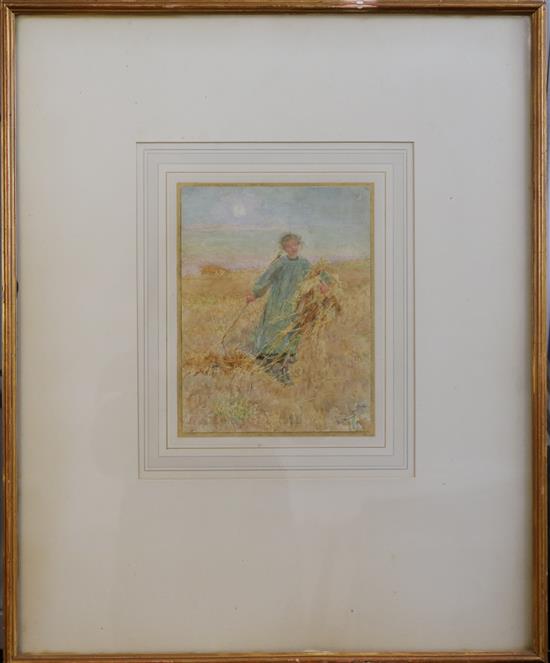 Lionel Percy Smythe (1839-1918) Harvester in a cornfield 8.5 x 6.5in.